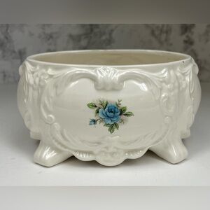 Vintage Ornate White Ceramic Planter | Footed Cachepot Blue Rose Floral Motif